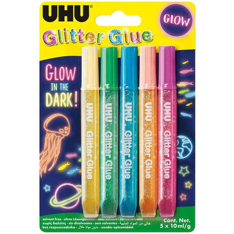 Tubetti glitterati colorati Glitter Glue Glow in the dark UHU 5X10 ml