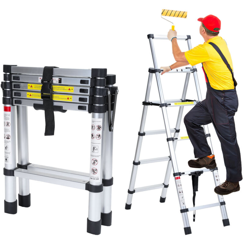 1,4m+1,7m Échelle Télescopique Alu Echelle pliante A-Frame Echelle d'échafaudage Capacité 150 Kg 4+5 Echelons - Tubiaz