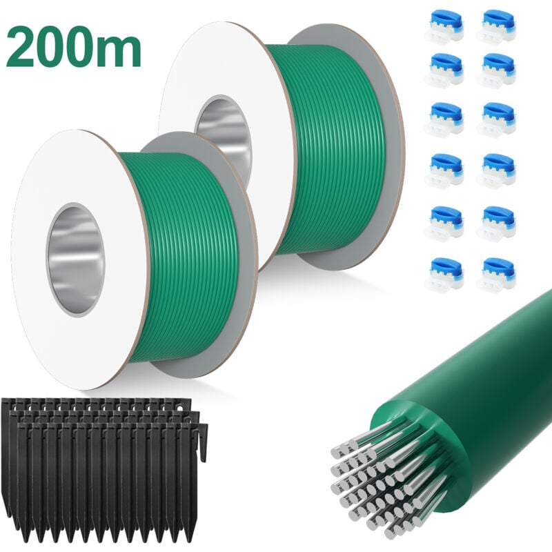 200m Câble Périphérique Universel pour Tondeuse-Robot, 24 Connecteurs de Câble + 700 Piquets de Terre, ø 2,7 mm, Câble de Délimitation pour Jardins
