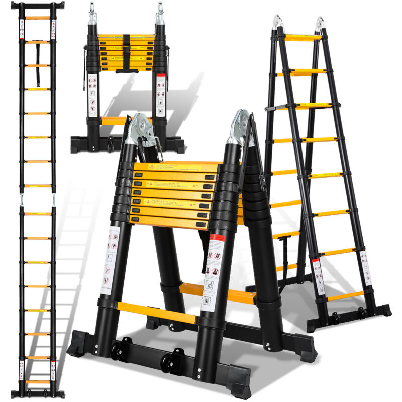 Tubiaz - 2,5m+2,5m Échelle Télescopique Alu Jaune Portable Echelle Multi-Fonction en Aluminium, Capacité 150 Kg ,8+8 Echelons