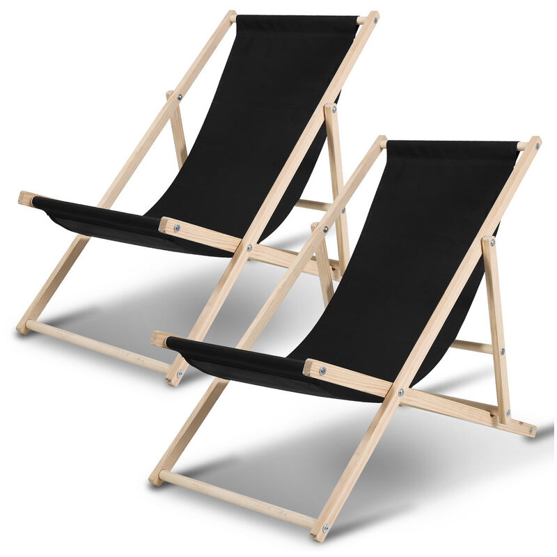 2X Chaise Longue Chilienne Pliable Terrasse Bois Chaise Longue Relax Pliable Noir - Tubiaz
