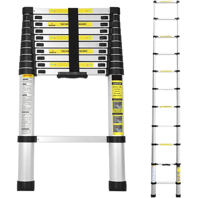 3,2m Échelle Télescopique Alu argenté Portable Echelle Multi-Fonction en Aluminium, Capacité 150 Kg ,11 Echelons - Tubiaz