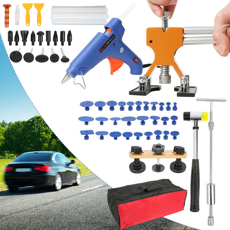 Tubiaz - 57PCs Kit De Débosselage sans peinture - Kit de réparation des bosses Débosselage avec pistolet à colle, extracteur de bosses doré