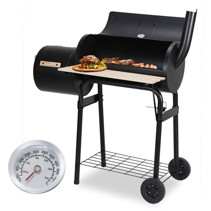 Barbecue à Charbon Chariot de Bois Extérieur Barbecue Grill Fumoir Smoker, Bac à huile-Etagère en bois xl - Tubiaz