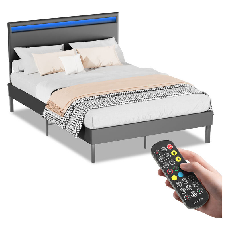 Tubiaz - Cadre de lit Sommier à lattes 140x200CM Capacité de charge maximale 350 kg Tête de Lit simili cuir Éclairage led avec télécommande