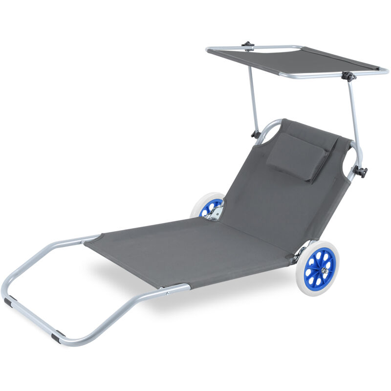 Chaise longue gris avec 2x roulettes chaise longue pliante avec protection solaire Alu - Tubiaz