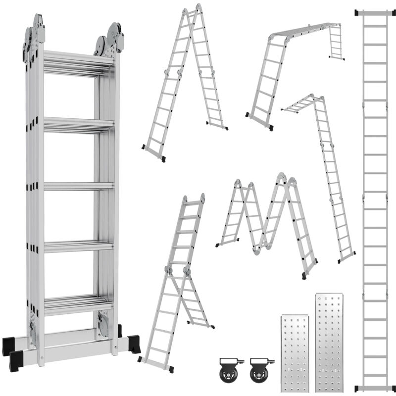 Tubiaz - Echelle pliante articulée 5.8m, echafaudage multifonction, ecarteur de mur, escabeau, 2 plaques plateforme de travail