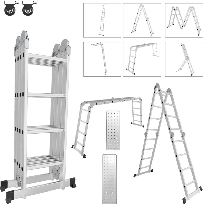 Tubiaz - Echelle pliante articulée 4x4 marches, echafaudage multifonction, ecarteur de mur, escabeau, 2 plaques plateforme de travail
