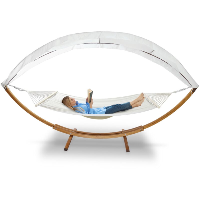 Hamac avec support - Structure en Bois - Blanc - 205 x 150 cm - Toile poly - coton - Tubiaz
