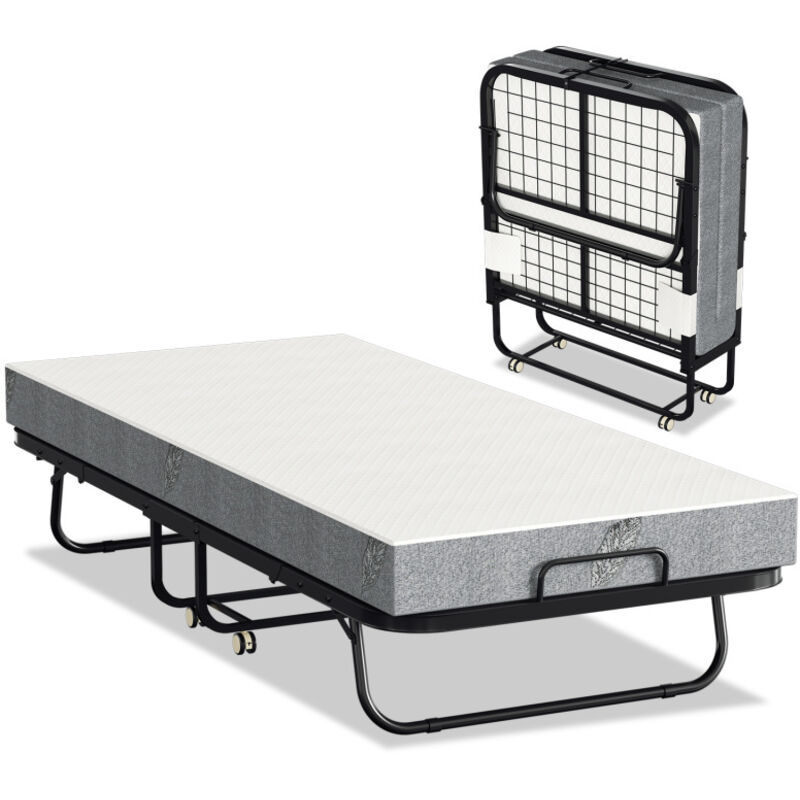 Tubiaz - Lit Pliant avec Matelas de 10 cm, Cadre de Lit en Métal Robuste en Forme de u, 4 Roues Universelles, Rangement Facile, pour Bureau et Pièce