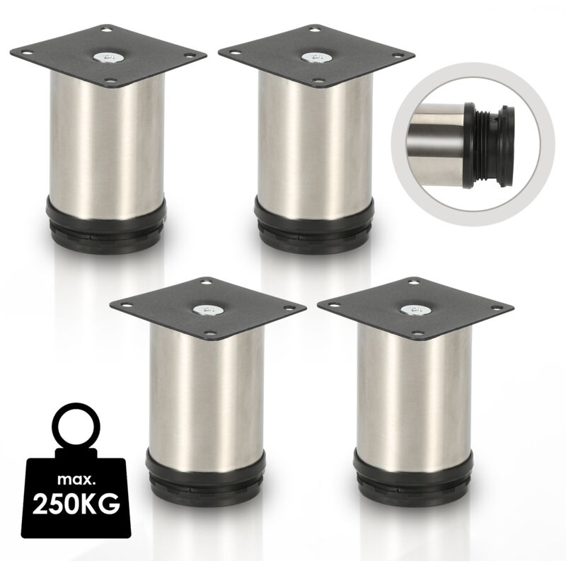 Tubiaz - Lot de 4 Pieds de meubles ajustable ±15mm base ronde Moderne Pieds de Armoire pour Table Hauteur 100mm Inox