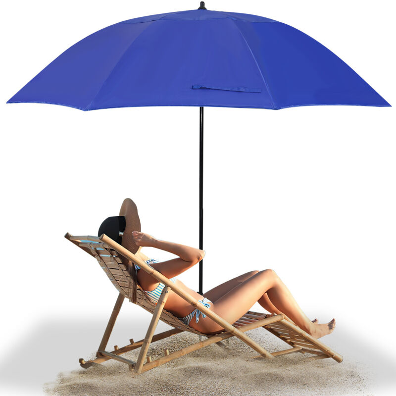 Parasol de plage avec protection UV50+, tissu bleu, structure en acier, hauteur réglable, avec ventilation, pour un ombrage optimal en extérieur