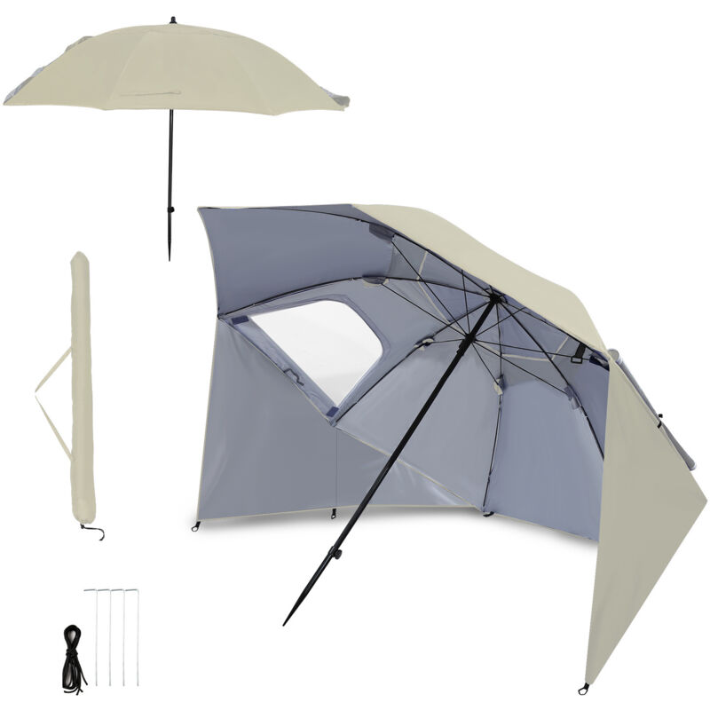 Parasol de plage avec protection UV50+, tissu Kaki, structure en acier, hauteur réglable, avec ventilation, pour un ombrage optimal en extérieur