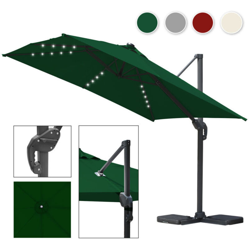 Parasol jardin déporté, Parasol Parapluie - Alu - 360° rotatif - 3 x 3 m - avec led - Vert - Tubiaz
