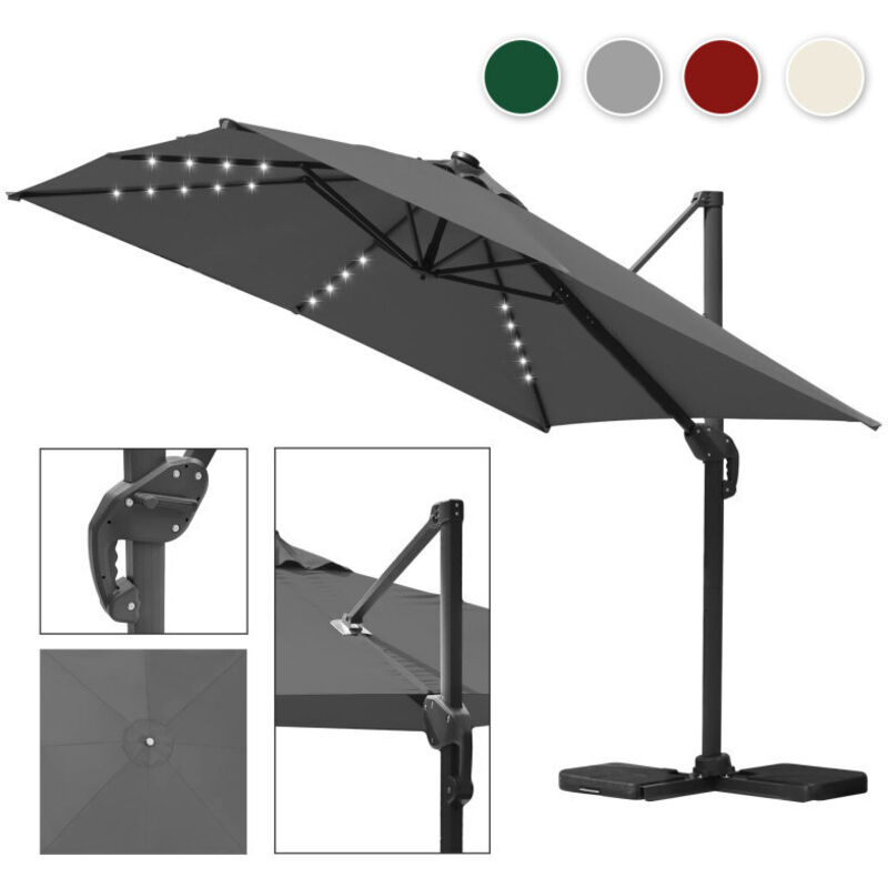 Parasol jardin déporté, Parasol Parapluie - Alu - 360° rotatif - 3 x 3 m - avec led - Gris - Tubiaz