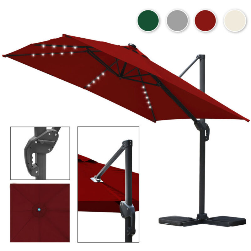 Parasol jardin déporté, Parasol Parapluie - Alu - 360° rotatif - 3 x 3 m - avec led - Rouge - Tubiaz