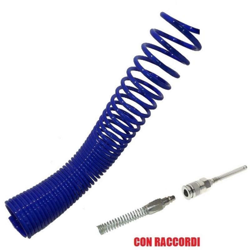 TUBO ARIA COMPRESSA SPIRALATO 6x4 mm 30 metri A SPIRALE IN POLIAMMIDE COLORE BLU CON DI RACCORDI