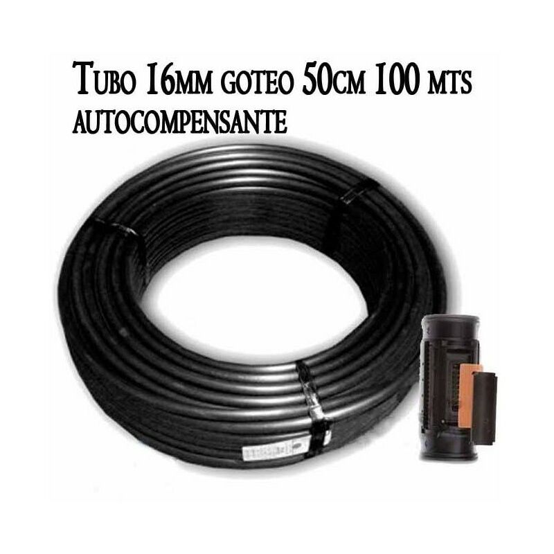 

Tubo autocompensante 16mm a 50cm separación por gotero, bobina negra de 100 metros