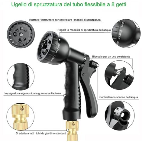 Tubo da giardino espandibile a 8 funzioni, flessibile e leggero, per irrigazione, pulizia del giardino, lavaggio auto, irrigazione, bagno degli animali domestici, tubo da giardino con borsa portaogget