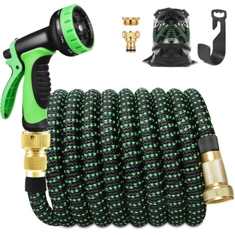 Tubo da giardino estensibile da 15 m, con supporto e pistola a spruzzo a 10 funzioni, raccordi retrattili, per irrigazione e pulizia del giardino (15 m, nero e verde)