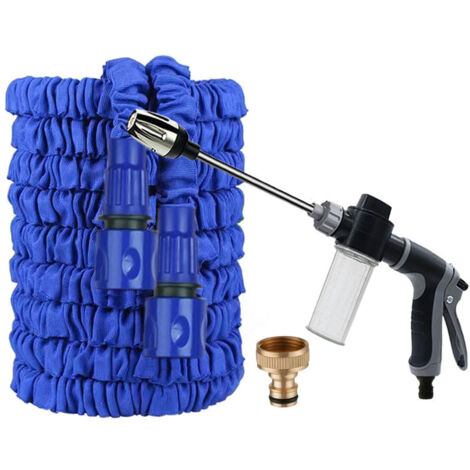 Tubo da giardino estensibile da 7,5 m (25 piedi) - Pistola a spruzzo con asta lunga e serbatoio per schiuma, grigio e nero, kit blu completo-lsw