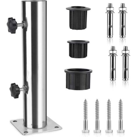 Tubo de sombrilla, base de sombrilla, soporte ajustable de acero inoxidable con 3 anillos reductores de PVC (32/38/48 mm), base de sombrilla con 8 puntas de acero