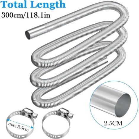 Tubo di scarico, tubo di scarico portatile flessibile in acciaio inox da 300 cm con 2 fascette in acciaio inox, tubo di scarico per auto (25 mm) per riscaldatore diesel per auto