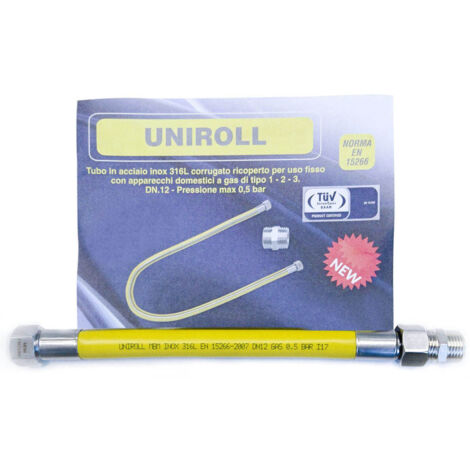 Tubo flessibile gas 0,5 mt - 1/2" DN12 mm. MF inox a norma EN 15266 per piano cottura/cucina UNIROLL