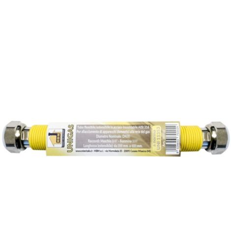 Tubo flexible de gas extensible INOX 1/2'' 100 / 200 mm F/F amarillo inox norma UNI 11353