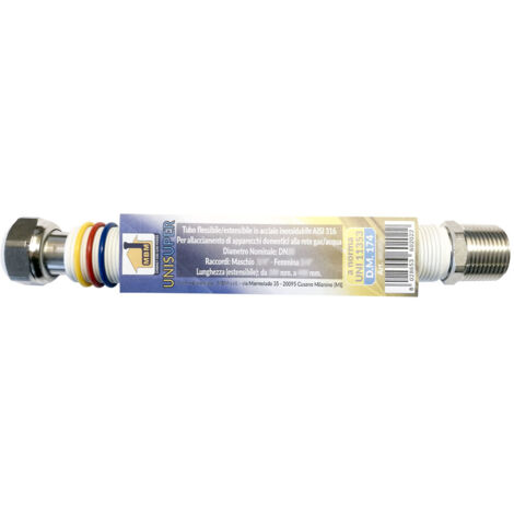 Tubo flexible extensible de gas y agua inoxidable 1/2'' 100 / 200 mm unisuper UNI 11353 DM 174 blanco