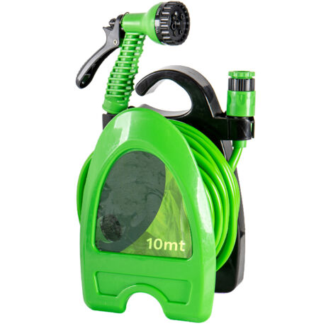 Tubo Irrigazione con Supporto Avvolgitubo e Pistola Multifunzione 10 m / 15 m Kit Irrigazione Compatto da Giardino con Raccordi 10 Metri
