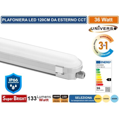 TUBO LED PLAFONIERA LINEARE DA 120CM LINKABILE 36W LAMPADINA SMD CHIP PHILIPS IP66 CCT 4000K - 5000K - 6500K SELEZIONABILE