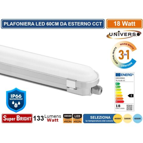 TUBO LED PLAFONIERA LINEARE DA 60CM LINKABILE 18W LAMPADINA SMD CHIP PHILIPS IP66 CCT 4000K - 5000K - 6500K SELEZIONABILE