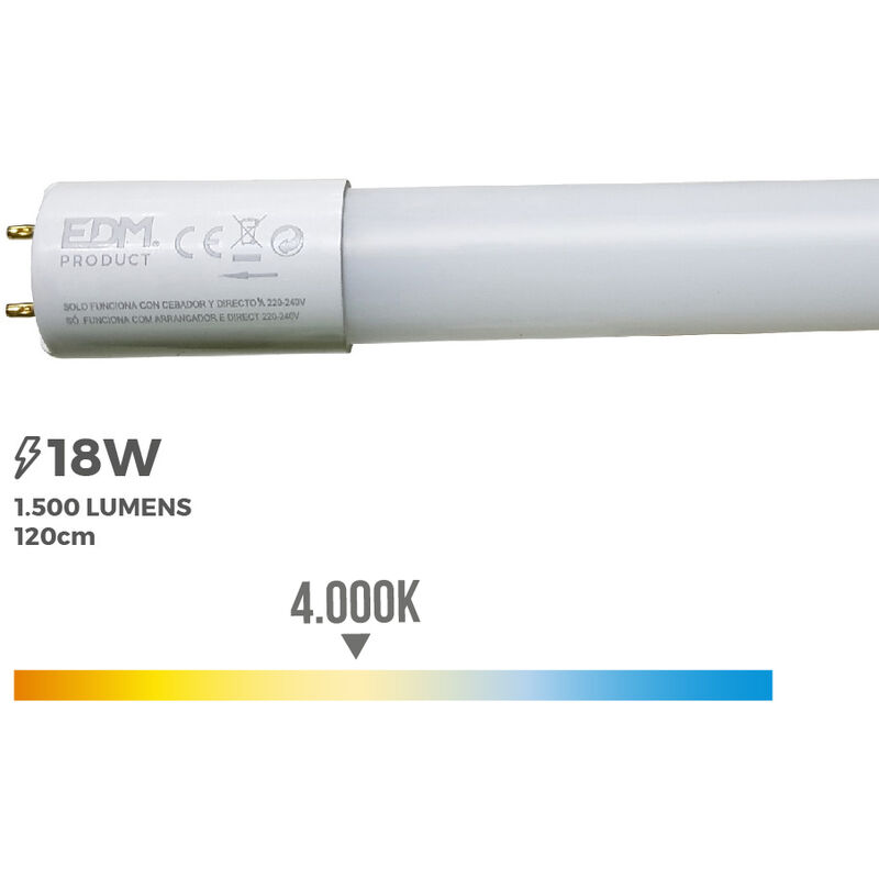 

Tubo led t8 18w 1500 lm 4000k luz dia (eq.36w) - EDM