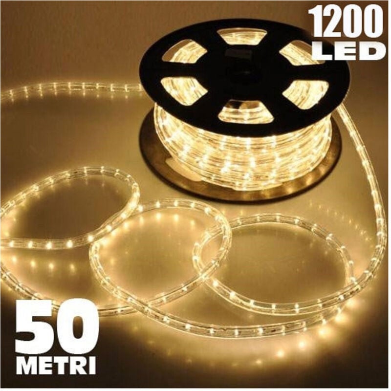 Trade Shop Traesio - Tubo Luminoso 1200 Led 50 Mt Bianco Caldo Uso Esterno Controller 8 Giochi Luce -