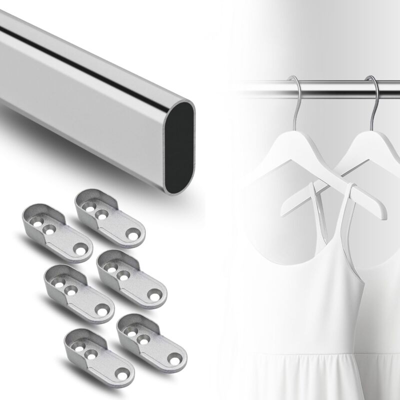Tubo Appendiabiti Cromato 3 Metri 15x30 mm con 6 Supporti Laterali – Montaggio a Tensione, Argento, Stile Moderno