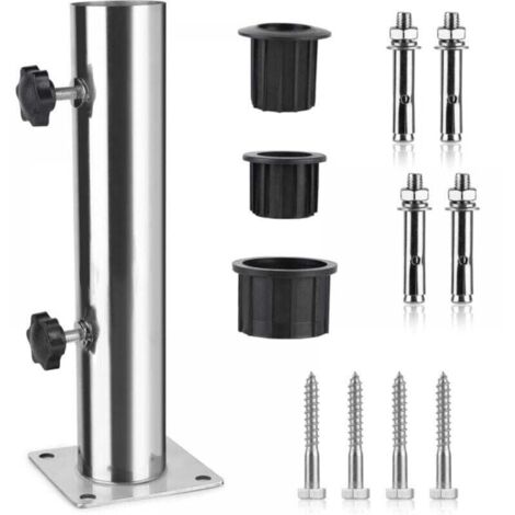 Tubo per ombrellone, base per ombrellone, supporto per ombrellone regolabile in acciaio inox con 3 anelli di riduzione in PVC (32/38/48 mm), base per ombrellone con 8 chiodi in acciaio