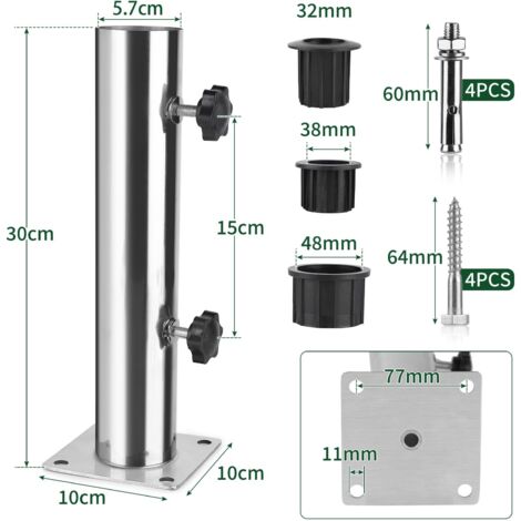 Tubo per ombrellone, base per ombrellone, supporto per ombrellone regolabile in acciaio inox con 3 anelli di riduzione in PVC (32/38/48 mm), base per ombrellone con 8 punte in acciaio