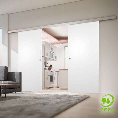 Tür doppelflügelige Holzschiebetür weiß 1510 x 2035 Holztür Holzschiebetürsystem - Quadratgriff