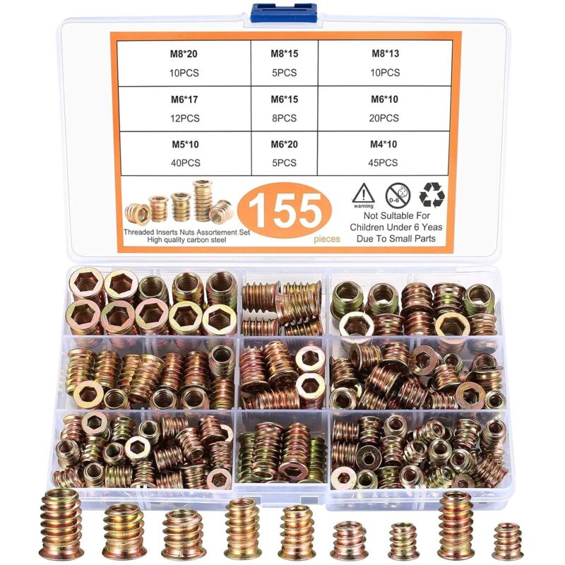 Tuercas atornillables para madera, 155 piezas Tuercas roscadas M4 M5 M6 M8 Tuercas hexagonales para muebles de madera, color zinc
