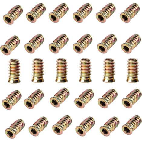 Tuercas roscadas de acero al carbono galvanizado para muebles, 30 unidades, M6 x 20 mm, cabeza hexagonal, para muebles de madera.