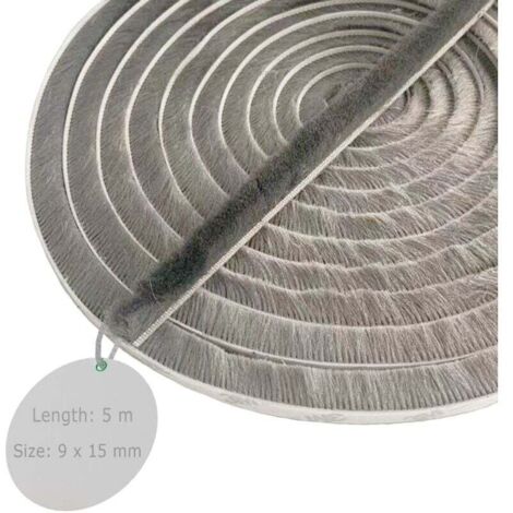 Türdichtung mit Bürsten, 5 m (L) x 9 mm (B) x 15 mm (T), Grau, Fensterdichtung zur Schalldämmung von Türen, selbstklebende Bürstendichtung, Bürstendichtung für Schiebetüren, Bürstendichtung für Moskit