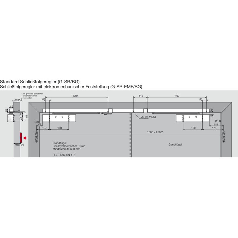 Dormakaba - Türschließer ts 93G gsr/bg-v Größe en 2-5 , 2 Flügel mit Gleitschiene, silber