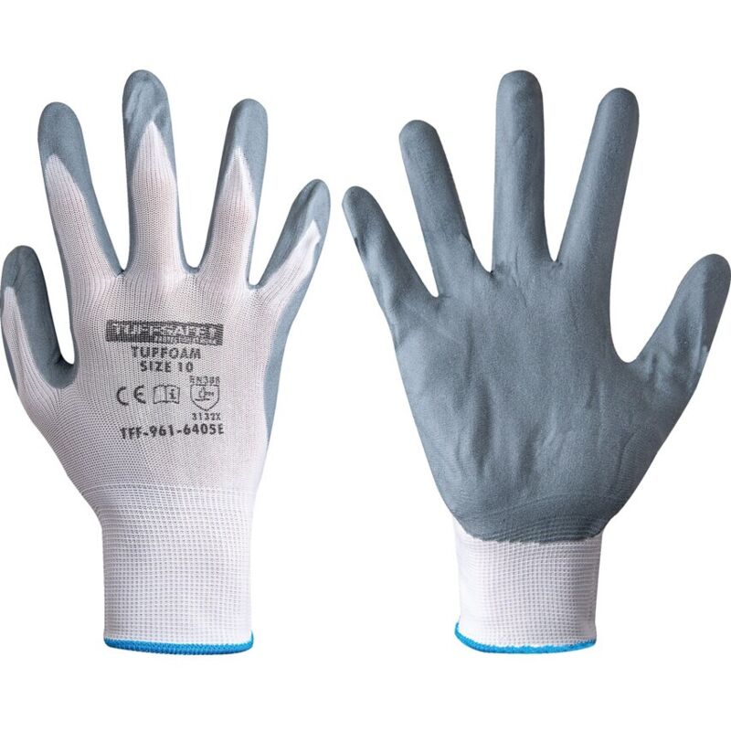 Tuffsafe - Tuffoam, Protective Gloves, Palm-side Coated, White, Size 7