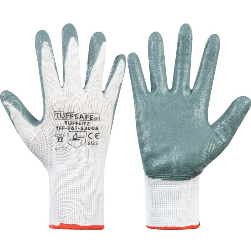 Tuffsafe - Tufflite Palm-side Coated Grey/White Gloves - Size 6 - Grey White
