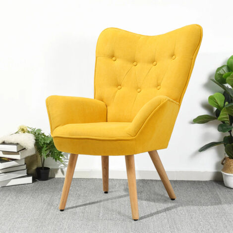 Tufted Button Linen Armchair with Wooden Legs