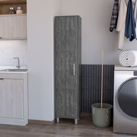 TUHOME Armoire Haute de Rangement Lawen, Une Porte, 3 Crochets à Balais, Chêne Fumé