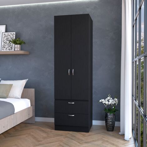 TUHOME Armoire Haute Mayer en Mélamine avec Deux Portes et Deux Tiroirs, Noir