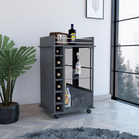 Tuhome Concept – Chariot de bar avec roues – Dimensions 89 cm H x 55 cm L x 41,5 cm P – Bois mélaminé chêne fumé – Rangement à 2 niveaux pour bouteilles