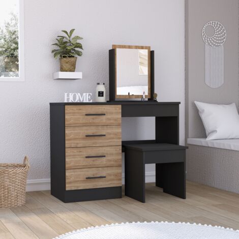 Tuhome Concept – Table de maquillage Kaia avec miroir et siège – Dimensions 126,7 x 100 x 42,5 cm – Bois fabriqué noir et miel – 4 tiroirs de rangement